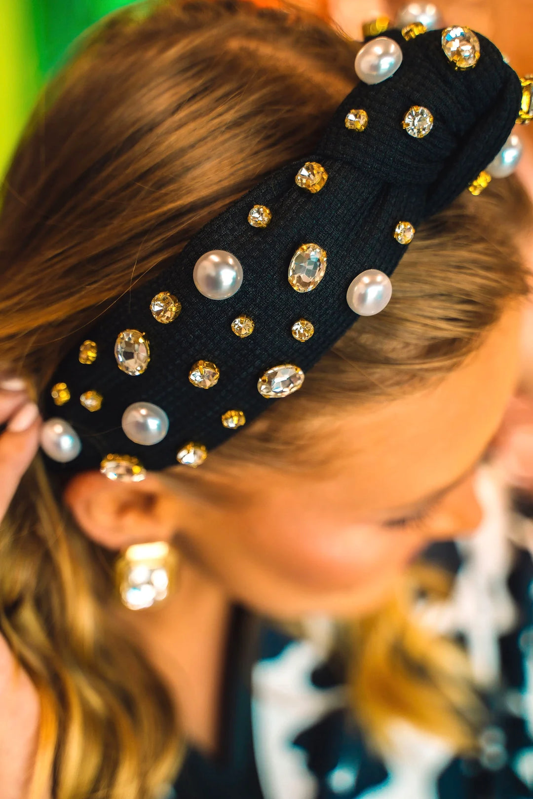 Black Twill With Pearls Headband