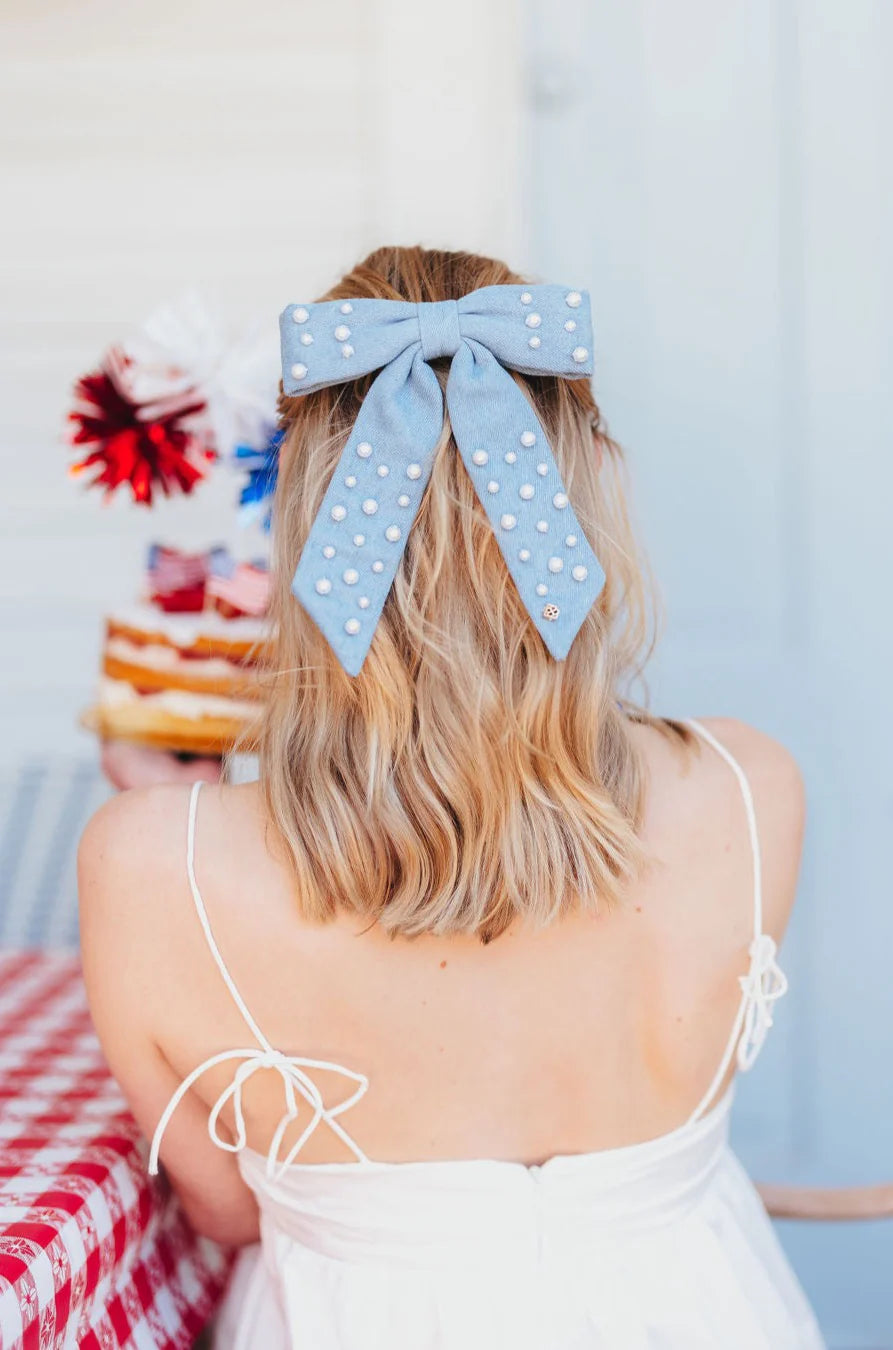 Denim And Pearls Bow