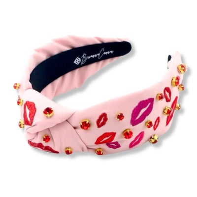 Pink Headband with Embroidered Lips and Crystals